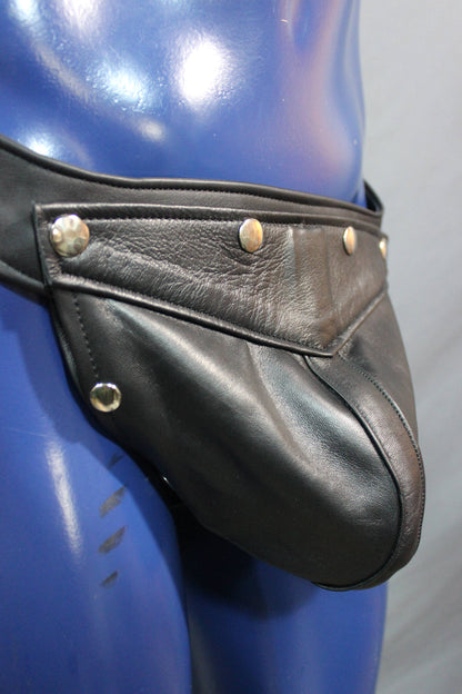 Back to Basics! Our classic all leather jock with interchangeable codpiece in soft Black leather. - view 2