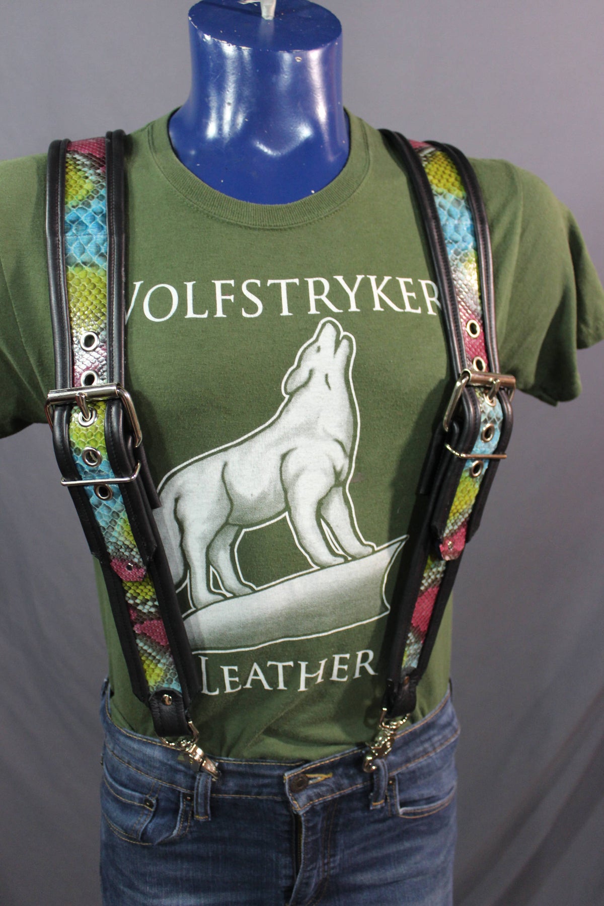 Our "Double Wide" Hand Made Rainbow Python Suspenders - front view