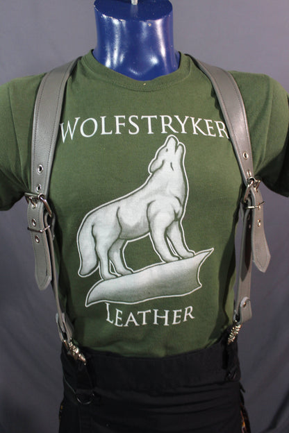 Handmade Grey Leather Suspenders, Chrome Hardware, Custom Fit! - front view