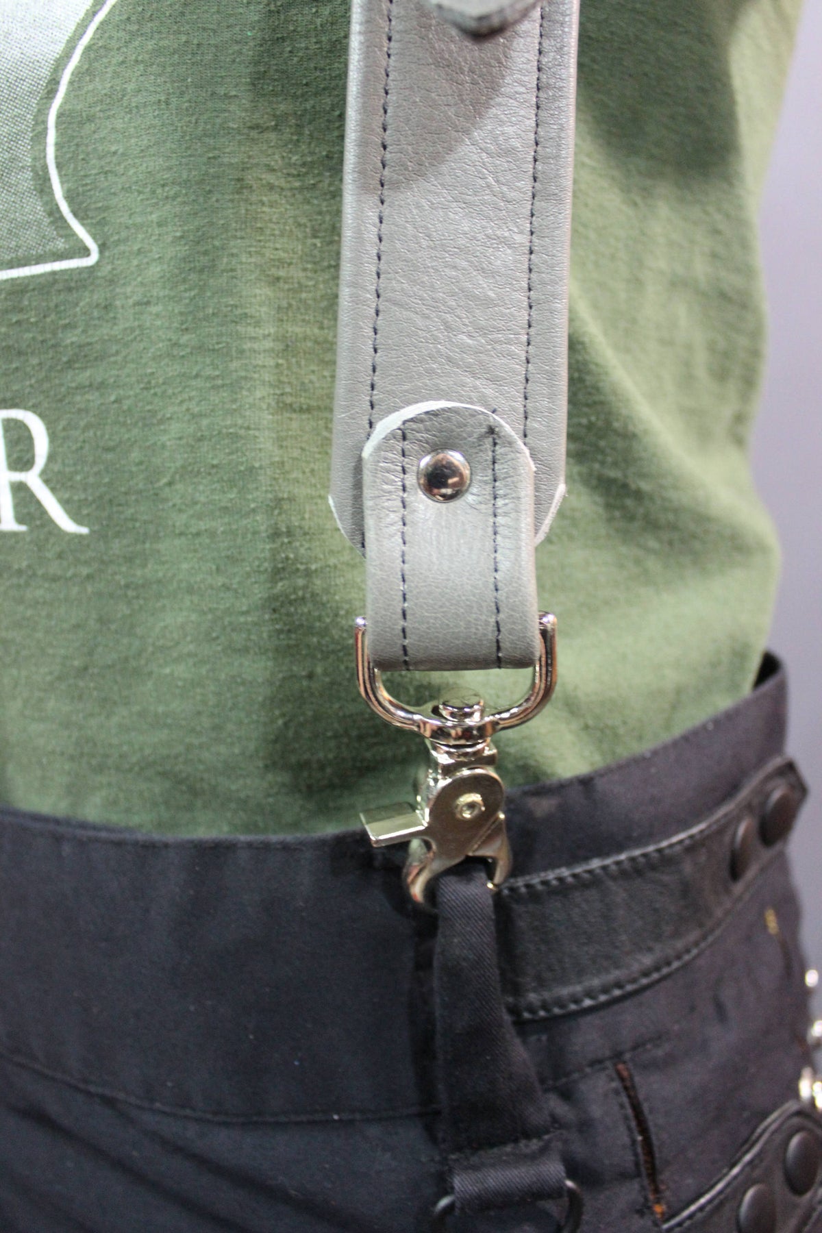 Handmade Grey Leather Suspenders, Chrome Hardware, Custom Fit! - view 4
