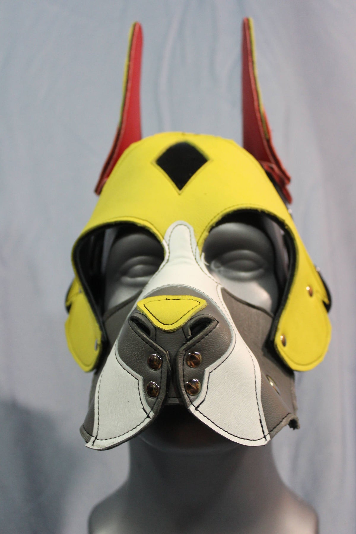 Our "Fire Box" Boxer style Pup hood in red and yellow - view 2