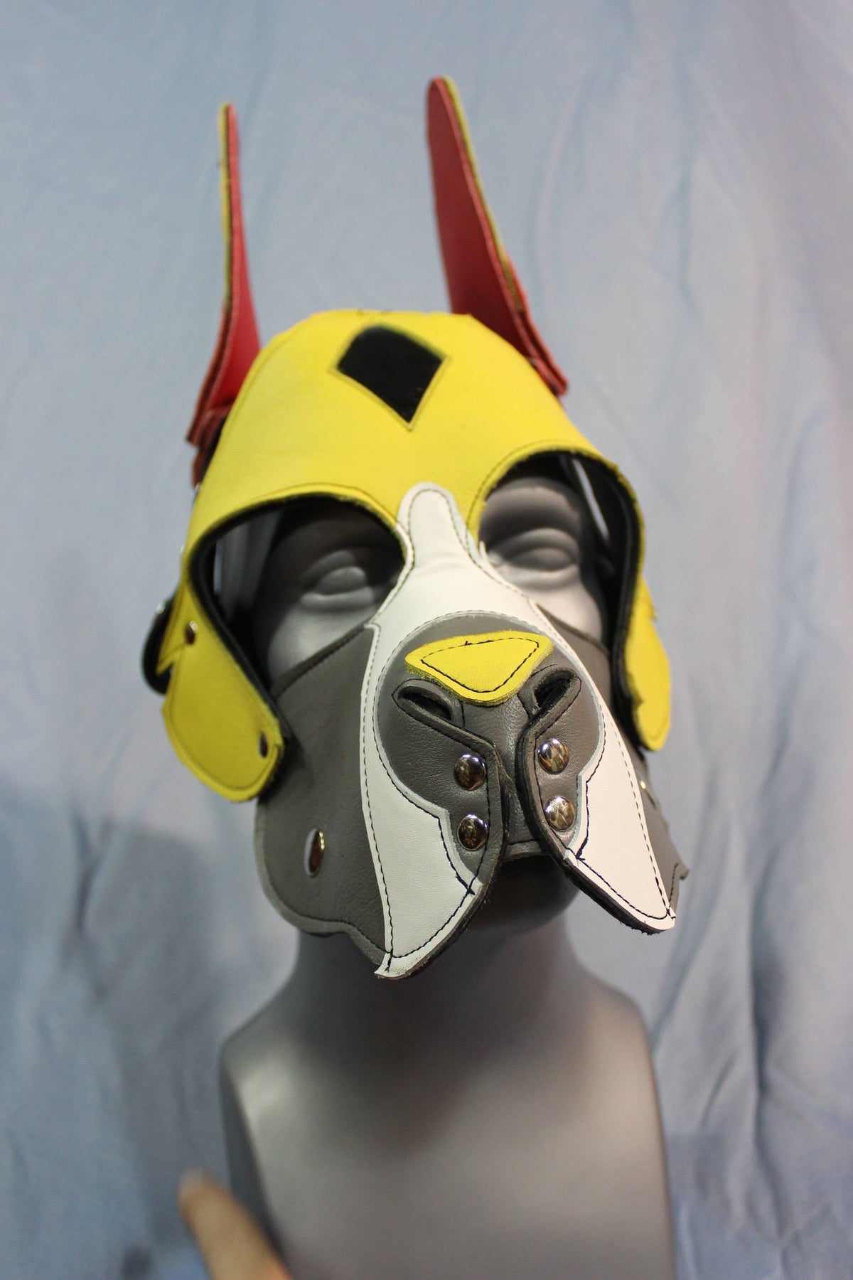 Our "Fire Box" Boxer style Pup hood in red and yellow - view 4