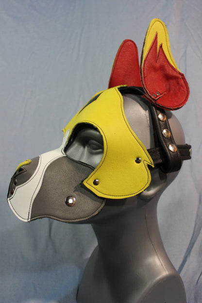 Our "Fire Box" Boxer style Pup hood in red and yellow - view 5