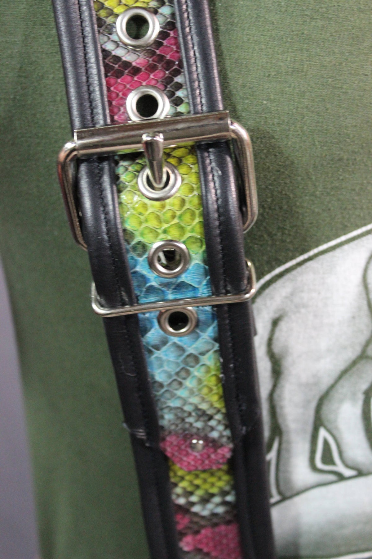 Our "Double Wide" Hand Made Rainbow Python Suspenders - view 2