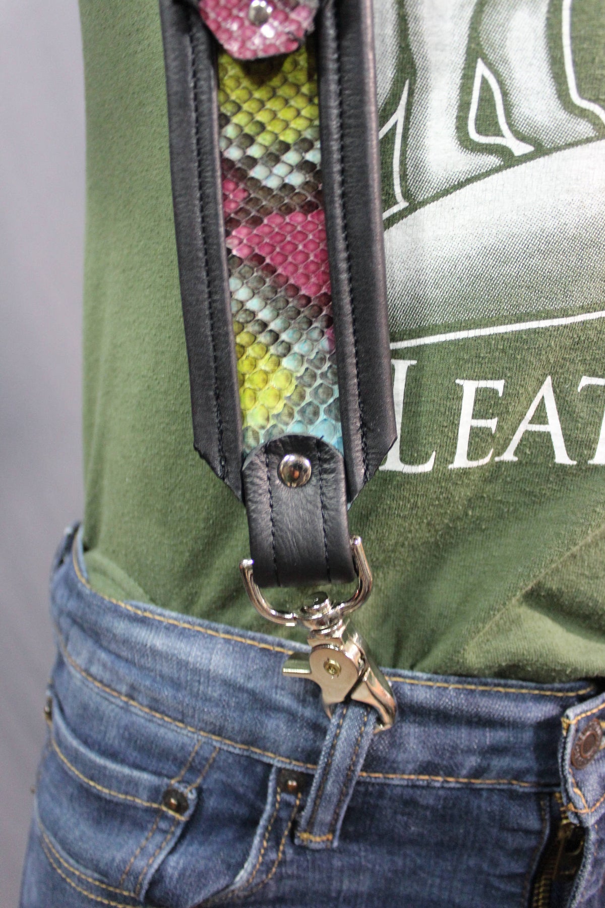 Our "Double Wide" Hand Made Rainbow Python Suspenders - view 4