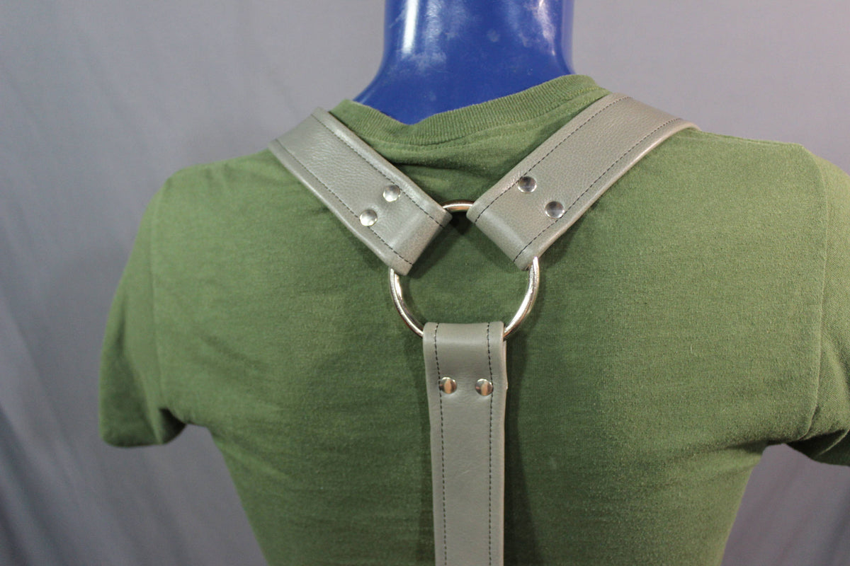 Handmade Grey Leather Suspenders, Chrome Hardware, Custom Fit! - view 3