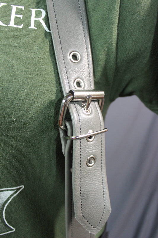 Handmade Grey Leather Suspenders, Chrome Hardware, Custom Fit! - view 2