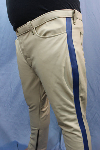Sir Tom Matt's Collection - Cream Leather with Blue Stripe Pants - front view