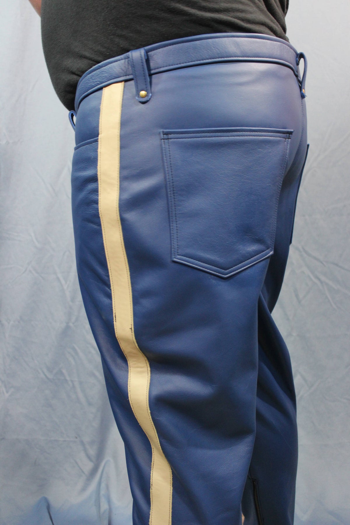 Sir Tom Matt's Collection - Blue Leather with Cream Stripe Pants - front view