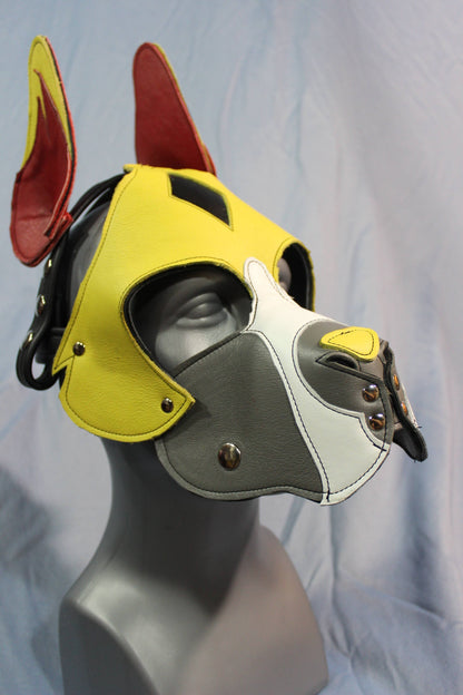 Our "Fire Box" Boxer style Pup hood in red and yellow - view 3