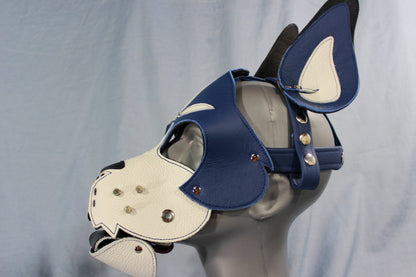 Blue and White Boxer Hood with Studded Whiskers - front view