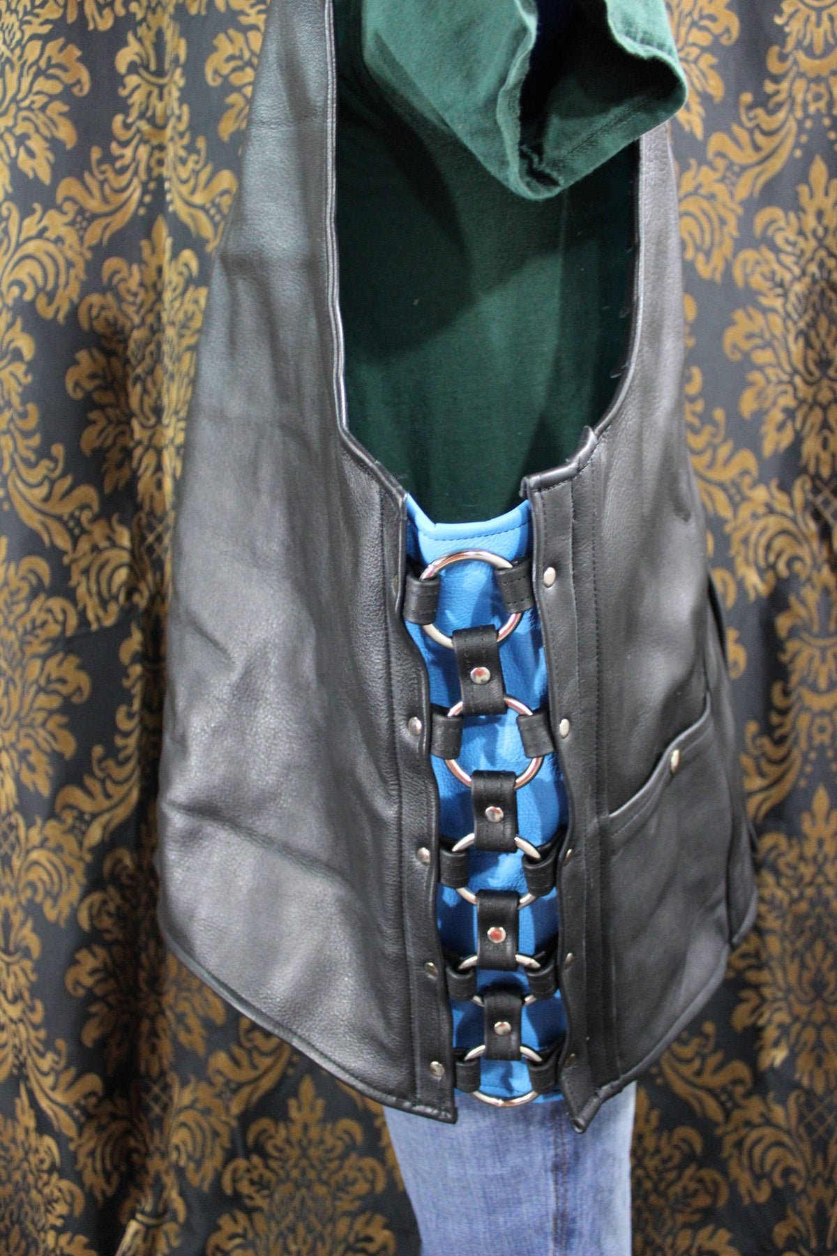 Black Leather Western Style Ringed and Lined Vest - front view