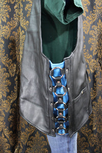 Black Leather Western Style Ringed and Lined Vest - front view