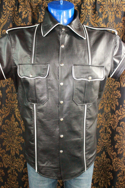Formal Leather Short Sleeve Shirt with Piping - view 4