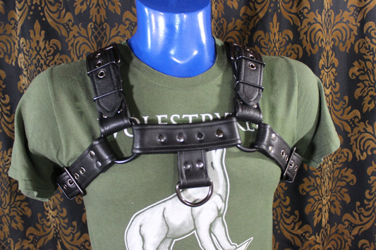 Classic Black Leather Bulldog Harness with Gunmetal Hardware - view 2
