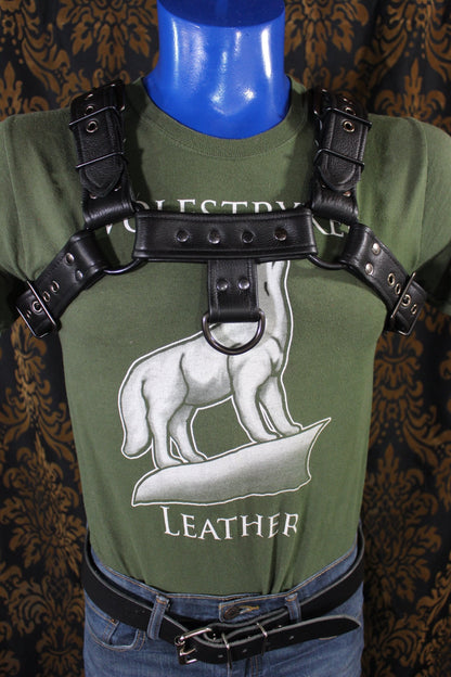 Classic Black Leather Bulldog Harness with Gunmetal Hardware - view 5