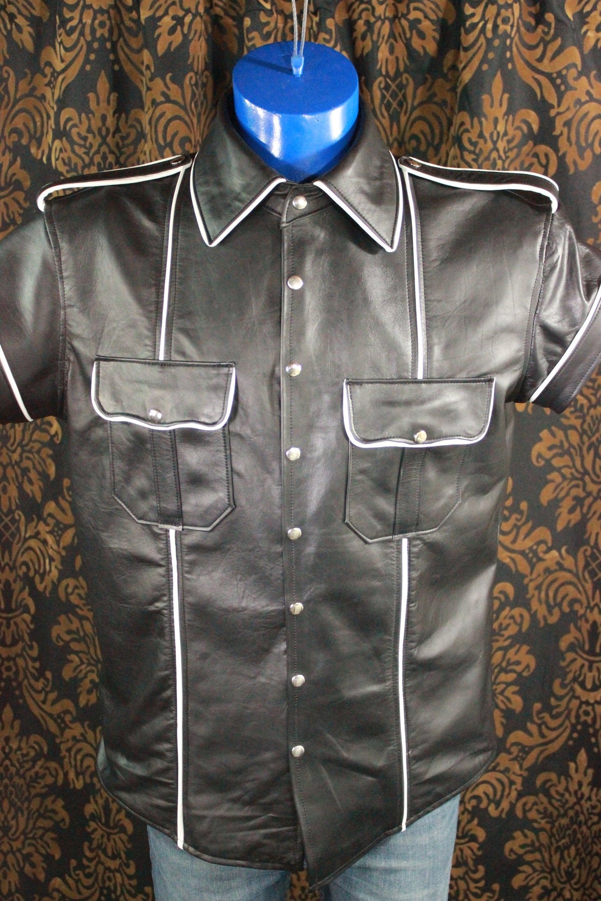 Formal Leather Short Sleeve Shirt with Piping - front view