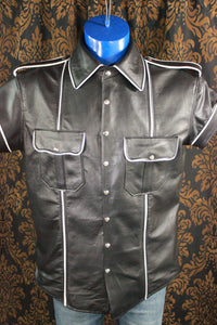 Formal Leather Short Sleeve Shirt with Piping - front view