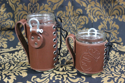 Leather wrapped mason jar mugs - front view