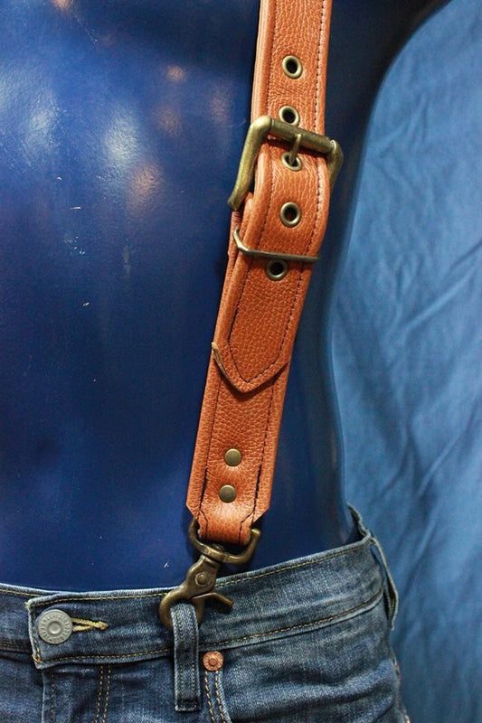 Handmade Brown Leather Suspenders, Antique Brass Hardware, Custom Fit! - view 2