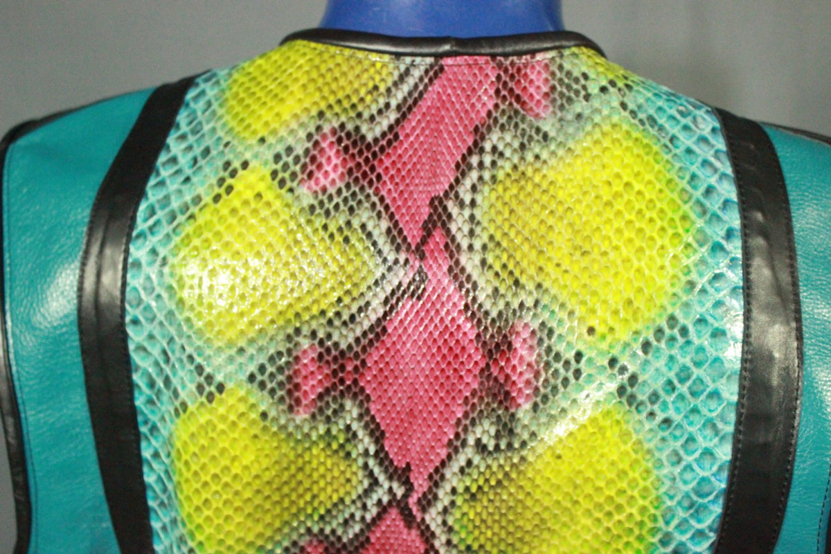 AMAZING Turquoise and Rainbow Python Leather Vest - front view
