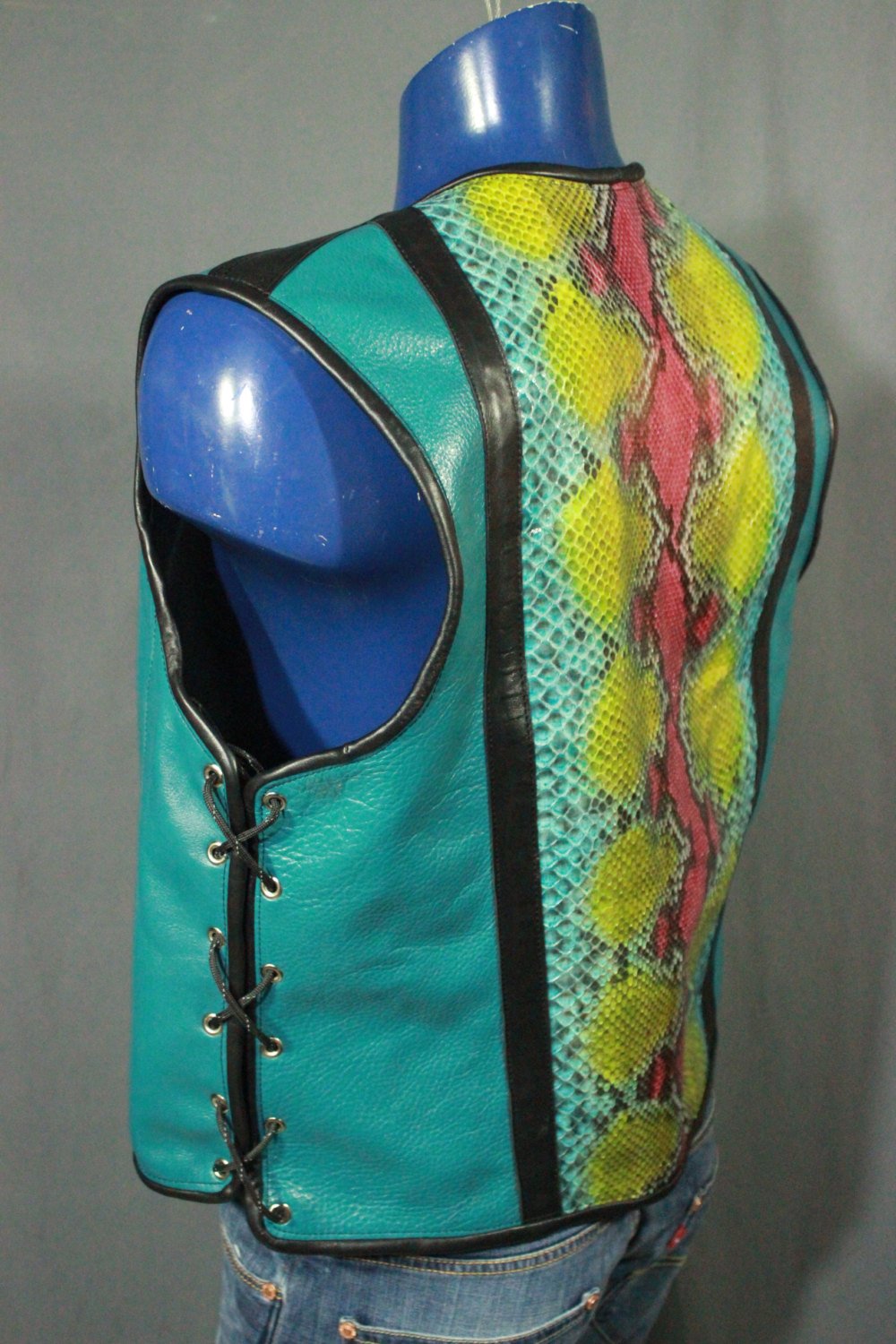 AMAZING Turquoise and Rainbow Python Leather Vest - view 4