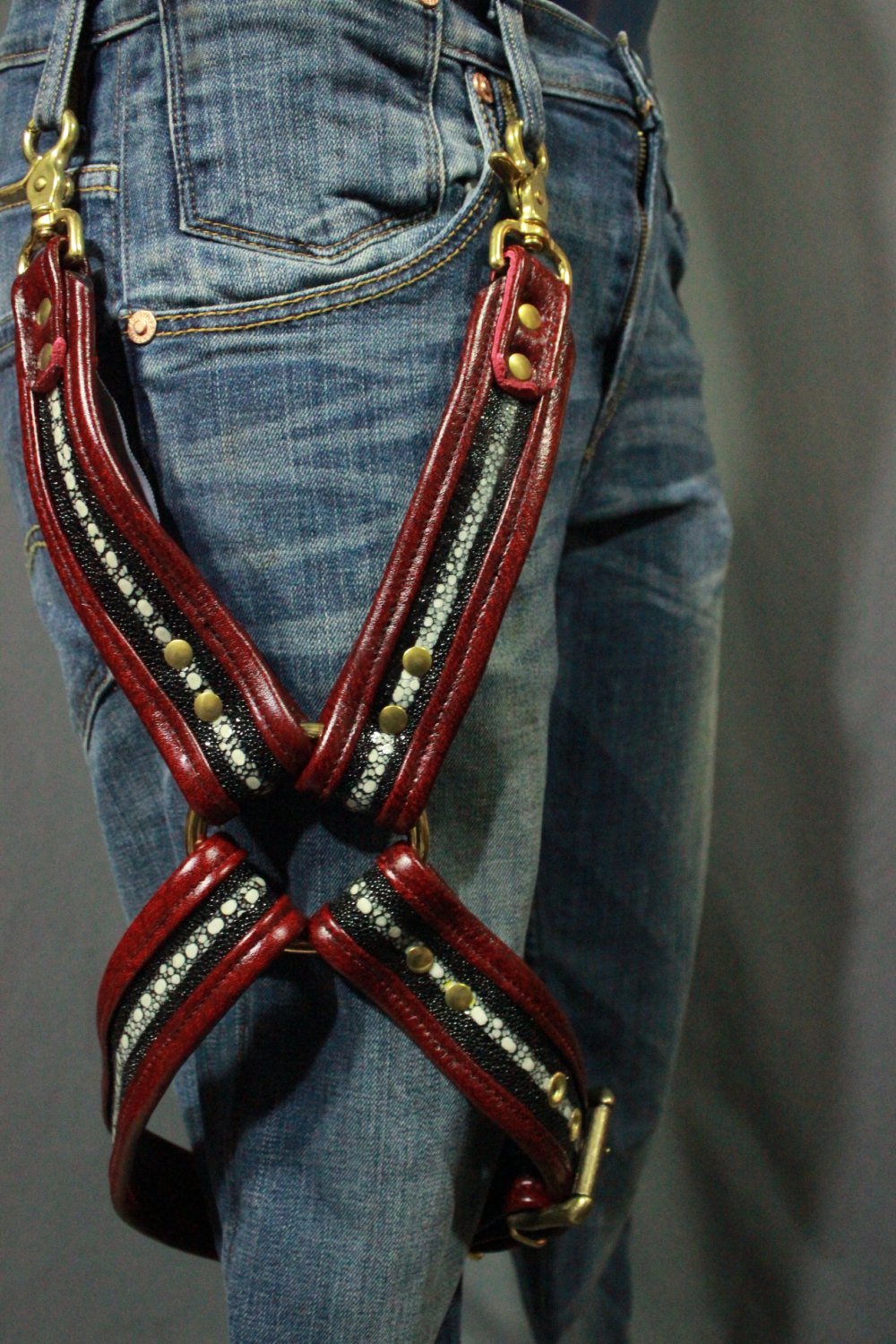 Stingray and Burgundy Leather Leg Harness with Brass Hardware - front view