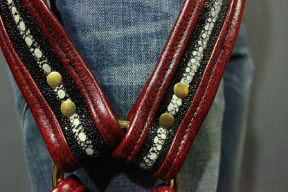 Stingray and Burgundy Leather Leg Harness with Brass Hardware - view 3