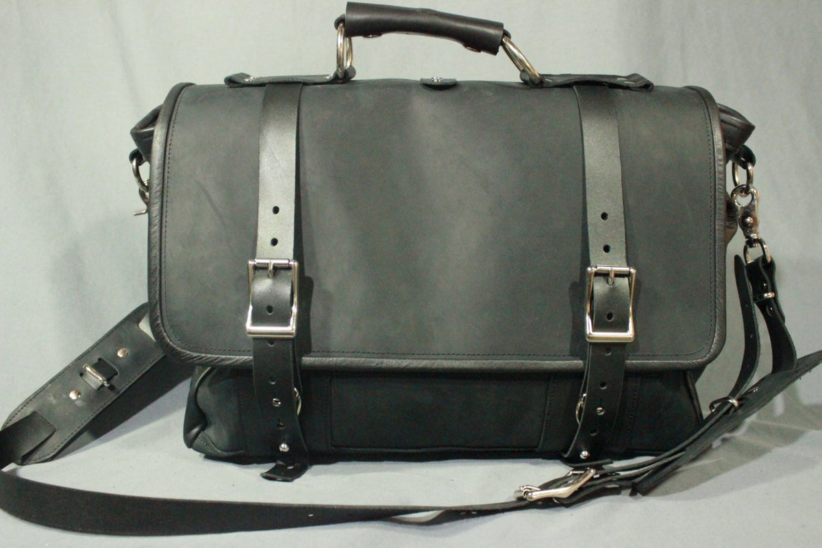 Our Finest Messenger bag! Stone OIL Tanned Leather Hand Made to Last a Lifetime! Midnight Black - front view