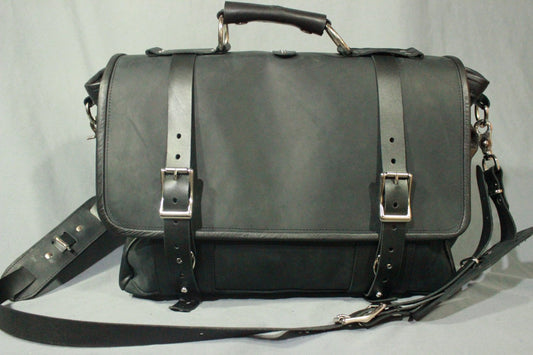 Our Finest Messenger bag! Stone OIL Tanned Leather Hand Made to Last a Lifetime! Midnight Black - front view