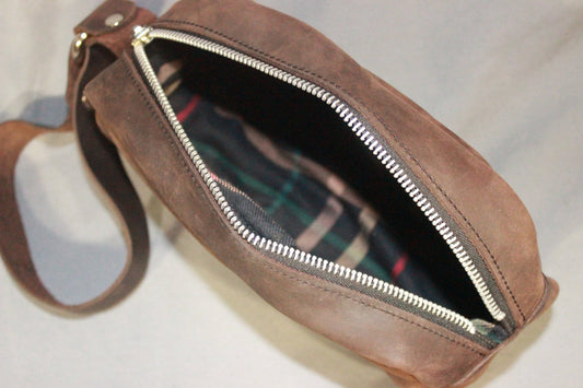 Our Dopp kit in the finest chocolate brown leather! - front view