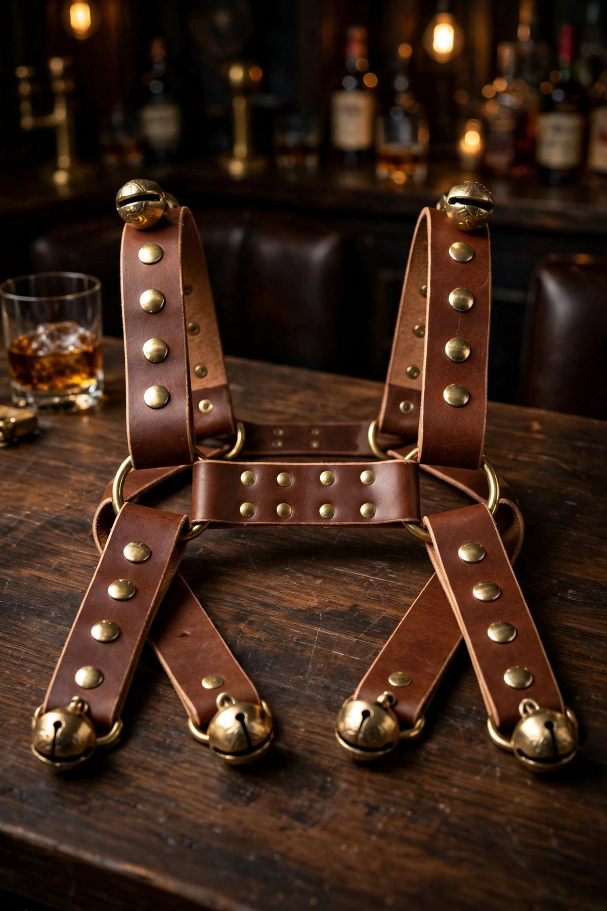 Brown leather harness with brass studs and bells on a dark bar counter