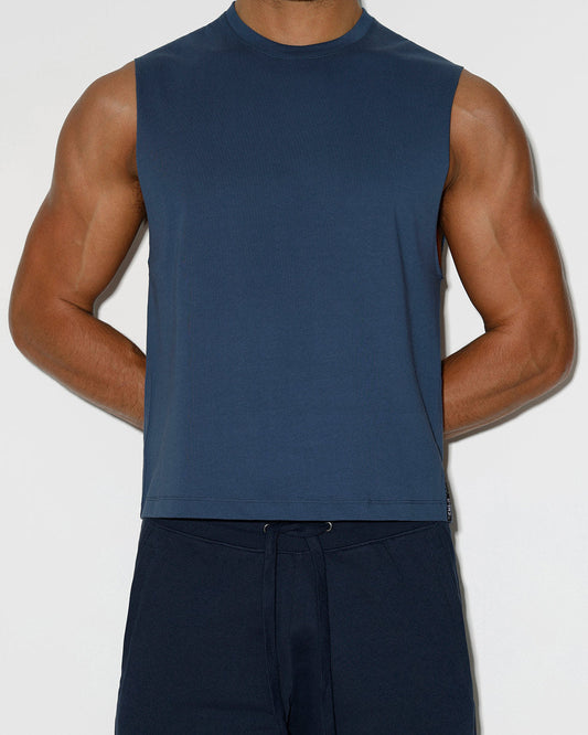 Mid Weight Cropped Sleeveless Denim Blue Tank Top - front view